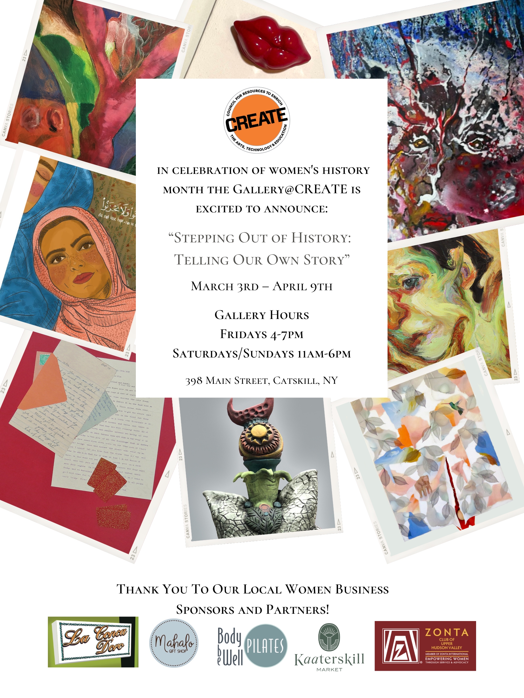Flyer for Stepping out of History Exhibit at CREATE in Catskill NY
